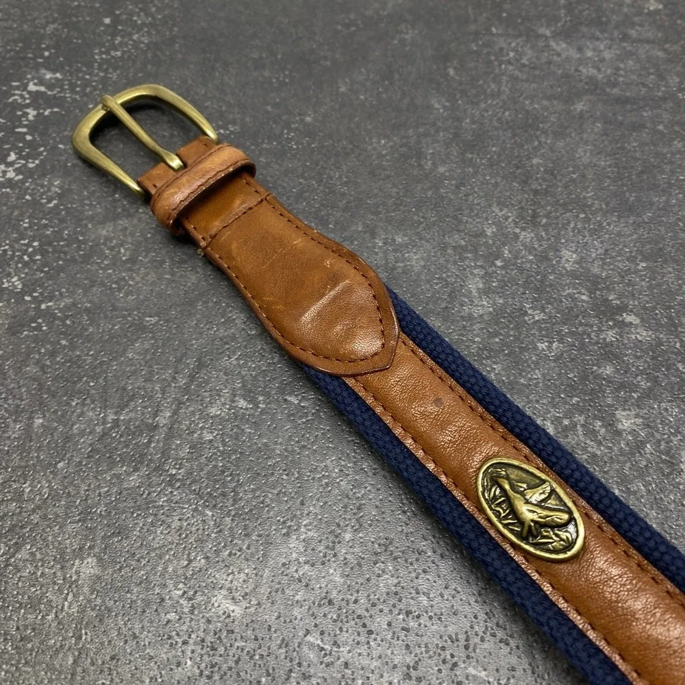 Flying Duck Medallion Golf Belt Men's 38 Waist Tan Leather & Blue Woven Fabric